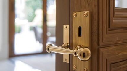 close-up of bespoke door hardware in an upscale residence, featuring custom designs in brushed brass that reflect the personal style and attention to detail of the homeowners