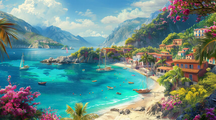 Beautiful village by the sea, surrounded with tropical flowers and cherry blossoms, blue water
