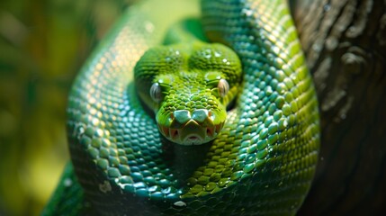 Fototapeta premium Green Python Snake Close-up, Generative AI