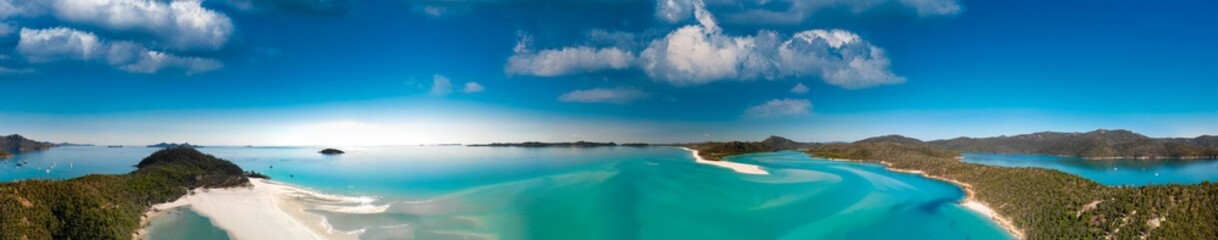 Whitehaven Beach aerial view. Panorama from a drone viewpoint. Whitsunday Islands, Australia
