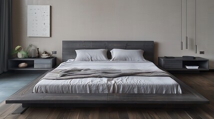 contemporary bedroom set with a low-profile bed frame, matching nightstands, and a minimalist headboard, all in a subdued gray palette, enhancing the serene and modern atmosphere