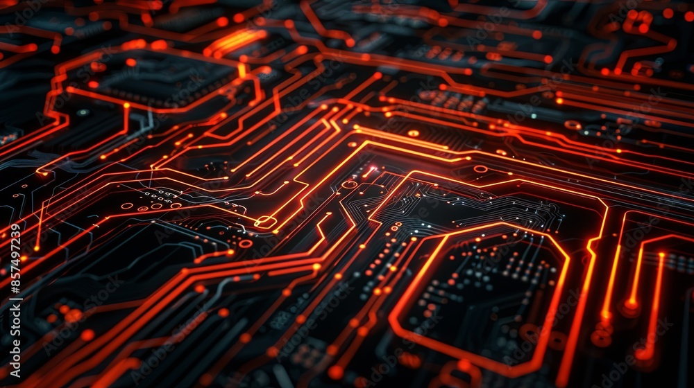 Poster Abstract close-up circuit board with glowing neon lines tracing intricate patterns black background