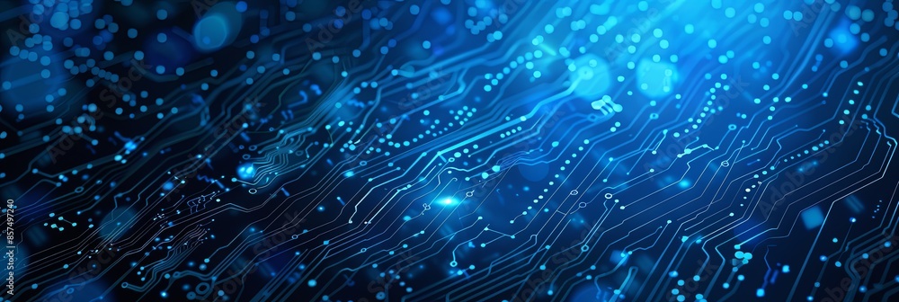 Poster Abstract Blue Circuit Board With Glowing Lines and Points of Light