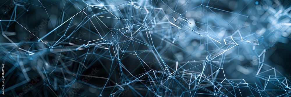 Poster artwork depicting complex network of interconnected geometric shapes rendered vibrant blue plexus