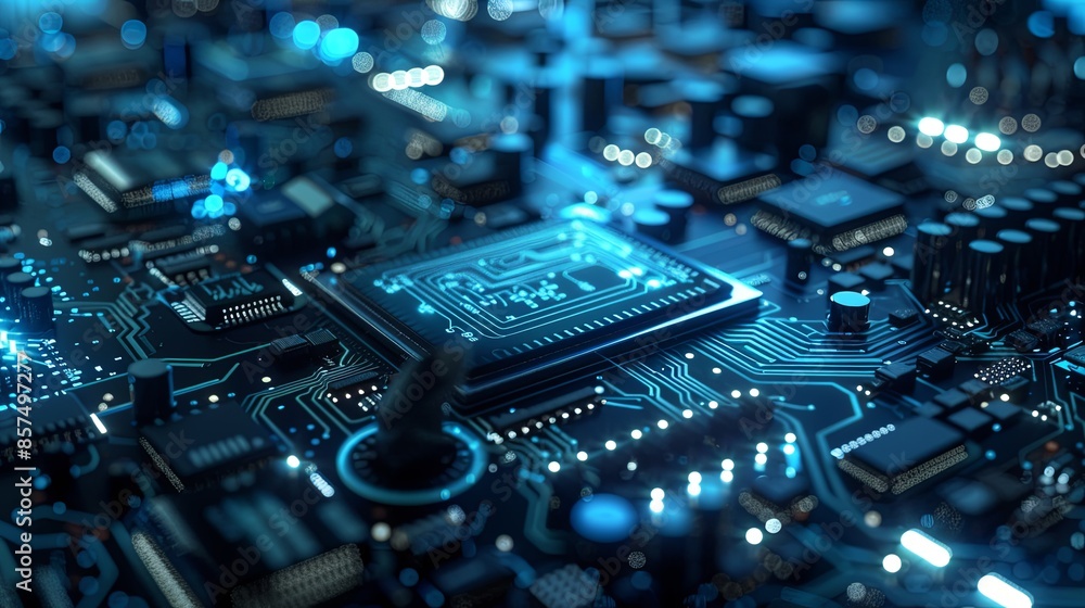 Poster close-up image of a circuit board featuring a prominent microchip