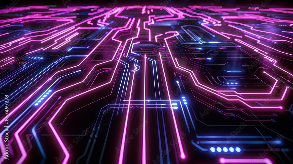 Poster Circuit board neon lines tracing intricate patterns, highlighting complexity of modern technology