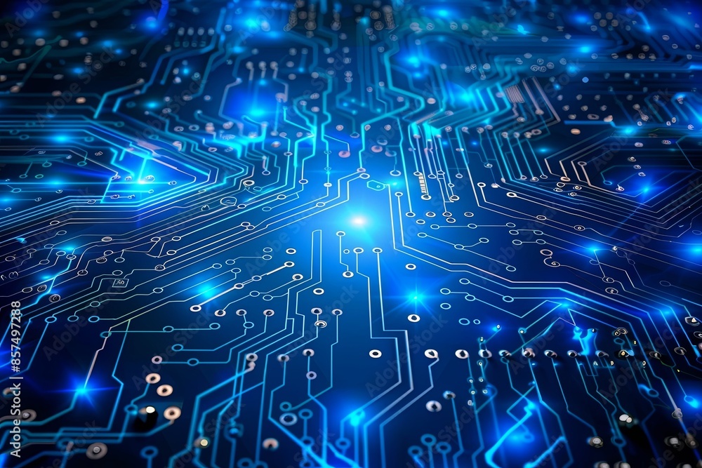 Poster Close-Up View of a Blue Circuit Board With Glowing Lines and Points of Light