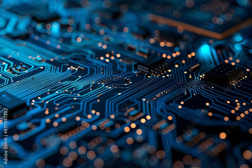 Poster close-up view of a circuit board with blue traces and orange solder points