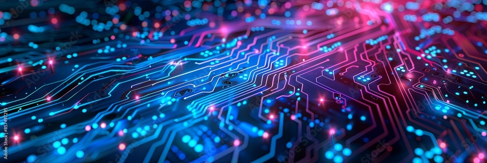 Aufkleber close-up view of a circuit board with glowing blue and red lines