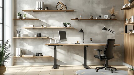 contemporary office space featuring a sleek, adjustable standing desk, ergonomic chair, and a series of floating shelves with modern decor items