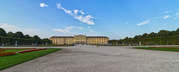 A very wide view of the Scronbrun Palace, on a summer evening, Vienna, Austria