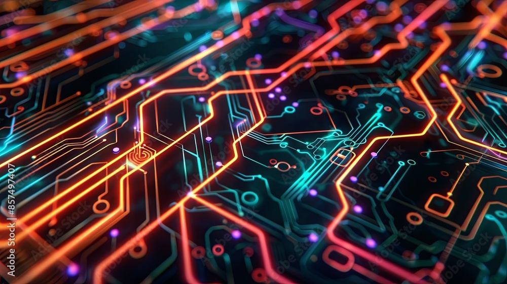 Poster Neon circuit patterns trace glowing lines black background, complexity of modern technology