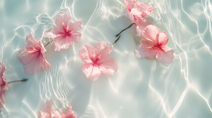 Transparent summer flowers on white sand beach, top view