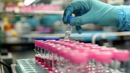 Obraz premium A gloved hand carefully transfers a liquid sample from a vial into a row of test tubes.