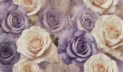 Purple and beige roses with a painterly background effect.