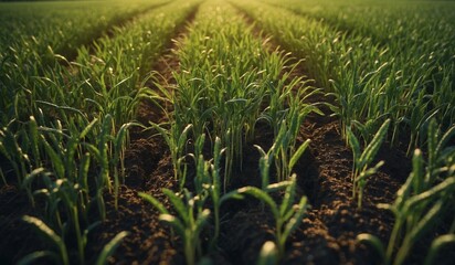 Lush green crops under warm, golden evening sunlight