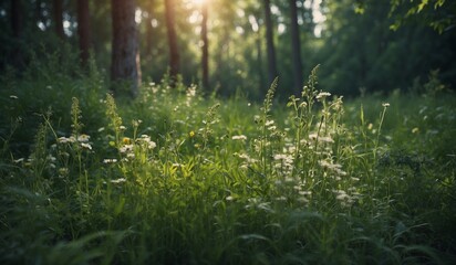 Fototapeta premium Sunlit forest clearing with wildflowers and tall trees