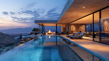 Obraz premium outdoor living space - modern mansion in the desert at night with swimming pool
