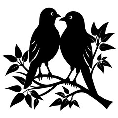 Romantic Bird Silhouette Lovebirds Perched on a Branch - Vector Art