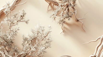 Naklejka premium Neutral beige background for cosmetics, with juniper and wood composition