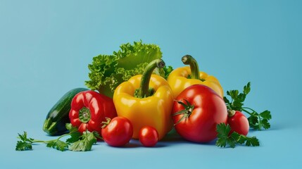 Fresh vegetables on blue backdrop
