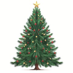 Fototapeta premium The Christmas tree, adorned with a star and festive ornaments, creates a joyous atmosphere, spreading holiday cheer. Decorations twinkle and sparkle, brightening the season with festive delight