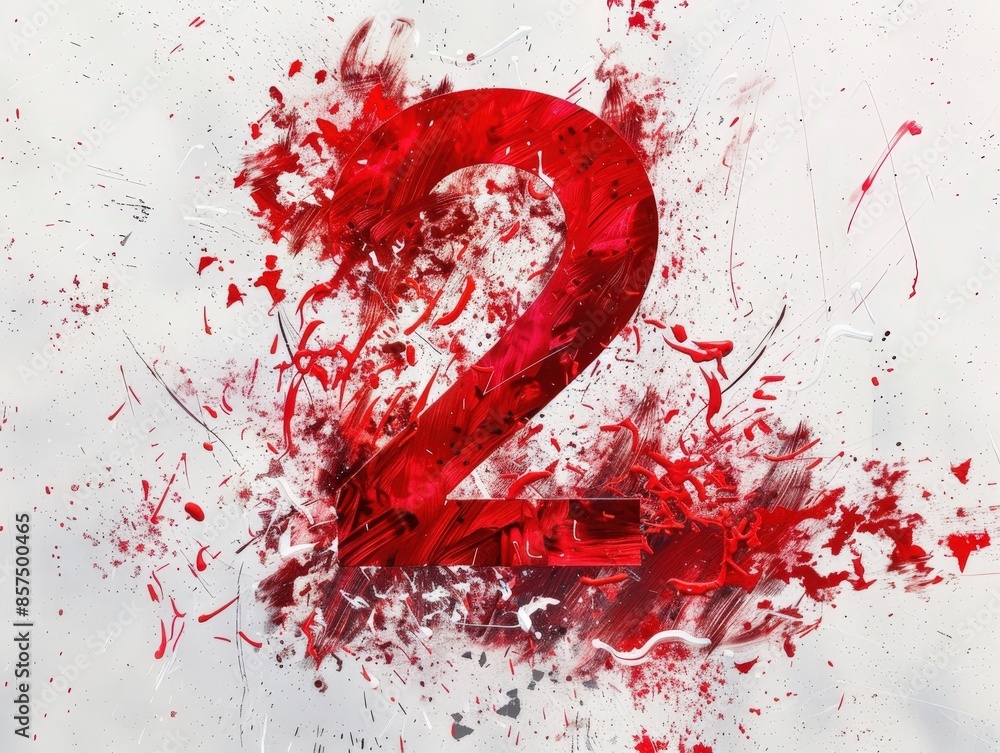 Wall mural digital art with abstract red splatter and number two