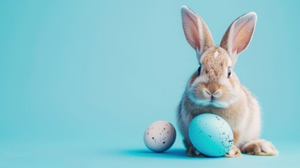Fototapeta premium Easter bunny rabbit with blue painted egg on blue background. Easter holiday concept
