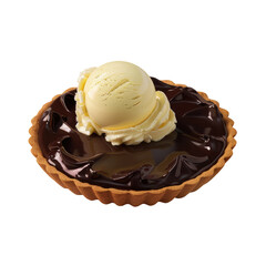 A detailed photograph of a chocolate tart portion accompanied by a serving of vanilla ice cream.
