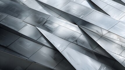 detail of a contemporary museum facade with a series of overlapping metal panels, each angled differently to catch light and create a dynamic visual effect