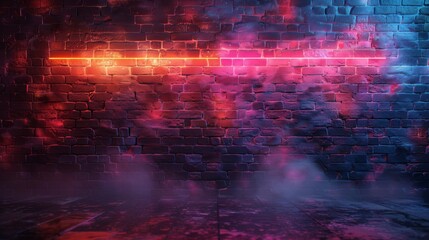 Fototapeta premium An artistic shot featuring an empty brick wall illuminated by a single horizontal neon light, creating a moody atmosphere that blends urban decay with subtle modern art elements.