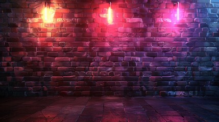 Fototapeta premium This image displays a brick wall adorned with three neon lights, casting a colorful and vibrant glow, creating an urban atmosphere infused with a modern artistic touch.