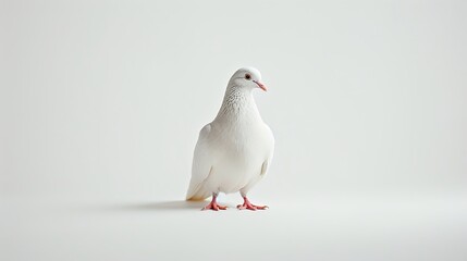 Obraz premium Elegant white dove standing on plain background. This minimalist photo features a serene dove, symbolizing peace and purity. Ideal for nature, wildlife, and symbolic content. AI