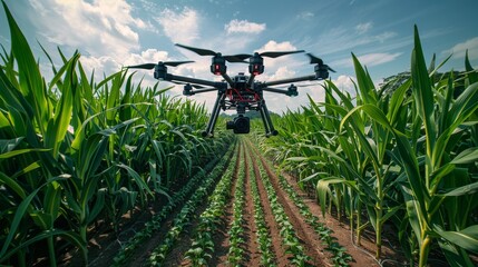 A single drone hovers above a lush, well-maintained field of green crops beneath a vibrant blue sky, symbolizing the use of modern technology in agriculture.