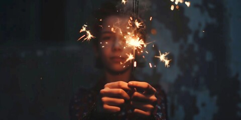Obraz premium In the dimness, a captivating child grasps sparklers, enchanting with a brilliant gleam, invoking jubilance and awe. The festive vibe is enchanting, brimming with glittering fireworks
