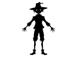 Fototapeta premium Black silhouette of cartoon scarecrow with witch hat and attire isolated on white background. Concept of Halloween, autumn, spooky character, farm decoration. Print, digital art, design element