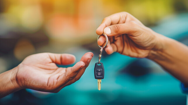 Close-up of hands exchanging a key against a blurred autumnal background, symbolizing trust and new beginnings in a property transaction.