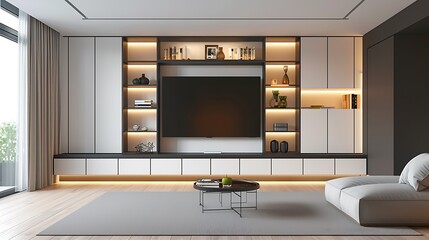 high-end media center with built-in cabinets and floating shelves, showcasing a sleek design and housing state-of-the-art entertainment systems in a minimalist living room
