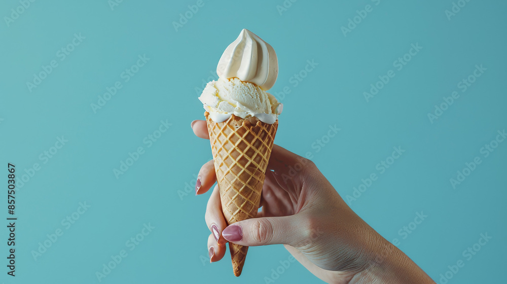 Wall mural a woman's hand holds an ice cream cone with a blue background.