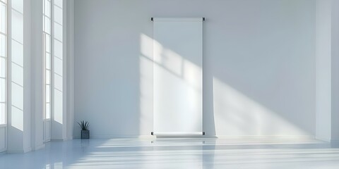 3D rendering of a blank gray rollup banner on light background. Concept Product Visualization, Mockup Design, Display Advertising, Rollup Banner Rendering