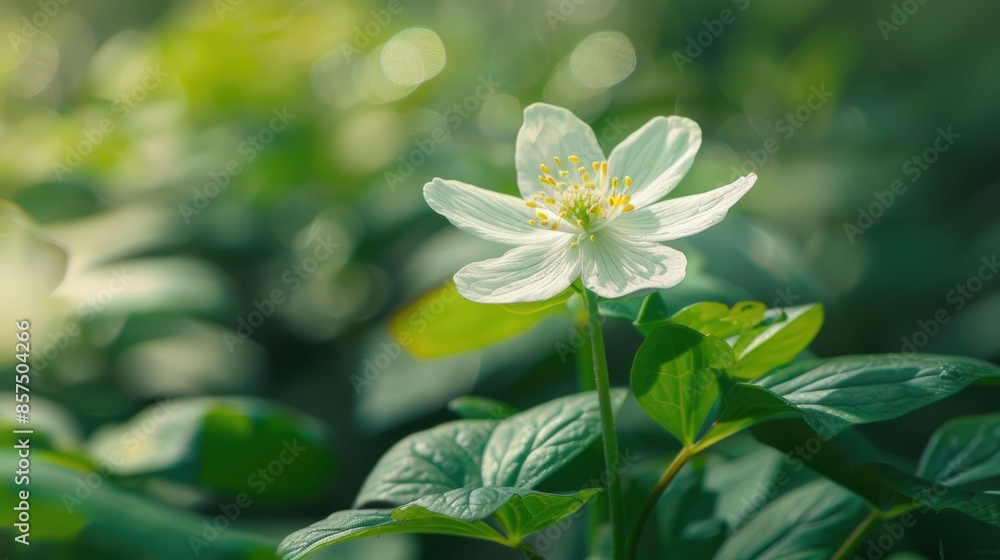 Canvas Prints Mini white flower with yellow pollen in sunlight among green plants ecology theme cover