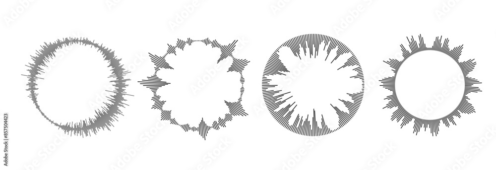 Poster radial sound wave pattern set. circular audio, music or voice icon collection. round equalizer spect
