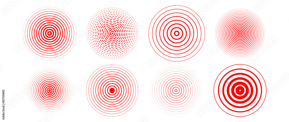 Poster Red concentric circle set. Radial sonar or sound wave ring collection. Halftone, dashed and dotted line epicenter, target, radar icon symbol pack. Ripple concentric signal vibration elements. Vector