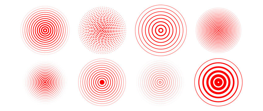 Red concentric circle set. Radial sonar or sound wave ring collection. Halftone, dashed and dotted line epicenter, target, radar icon symbol pack. Ripple concentric signal vibration elements. Vector