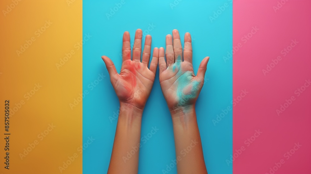 Poster two hands with colorful paint on palms are placed on a vibrant background with three distinct colors