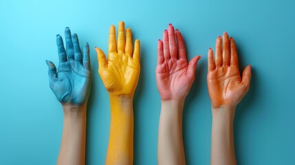 Four hands, each painted in different vibrant colors such as blue, yellow, pink, and orange, are shown against a blue background creating a visually striking artistic image.