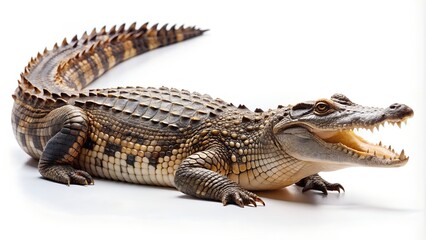 Naklejka premium A large crocodile with its mouth open on a white background