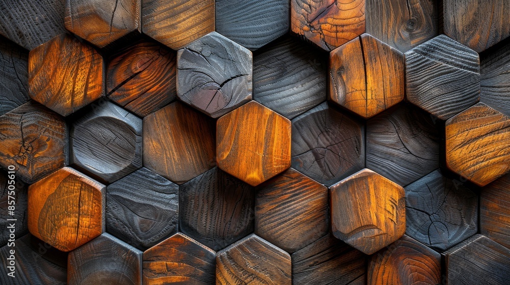 Poster this image displays dark and warm-toned wooden hexagons arranged in a complex and textured pattern, 