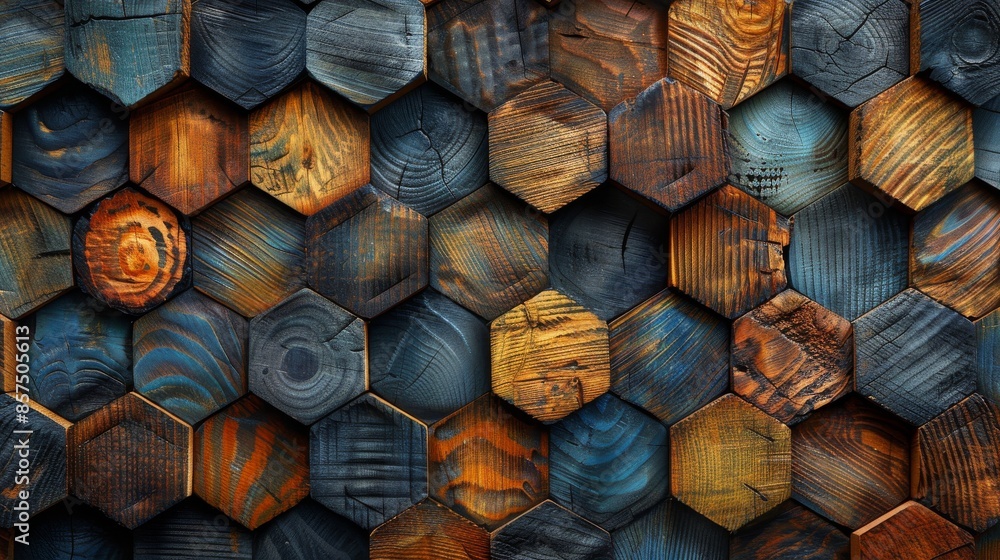 Poster this image showcases a beautiful arrangement of colorful wooden hexagons, creating an appealing and 