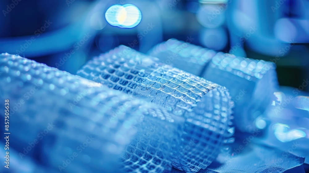 Poster a close-up photo showcasing the intricate texture of a blue honeycomb structure with blurred lights 